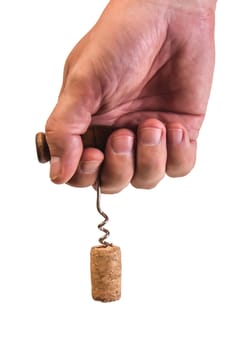 Corkscrew in hand isolated on white background