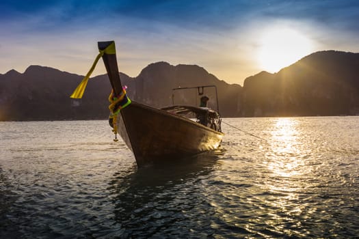 Boats at sea against the rocks in Thailand. Phi Phi Island