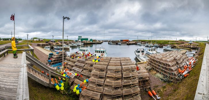 Panoramic hdr view of a wharf of a small fisherman's village in Prince Edward Island Canada