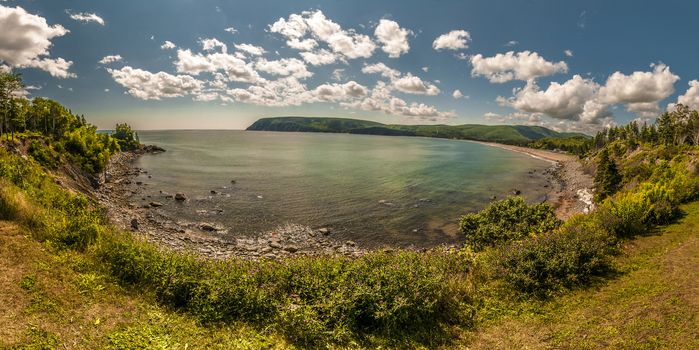 Panoramic view of a Atlantic ocean's a rocky beach in Nova Scotia Canada