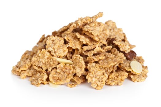 Pile of cereal muesli on white background. Macro shot