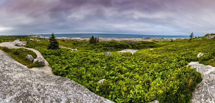 Panoramic view of a tundra like landscape around a beach in Nova Scotia Canada
