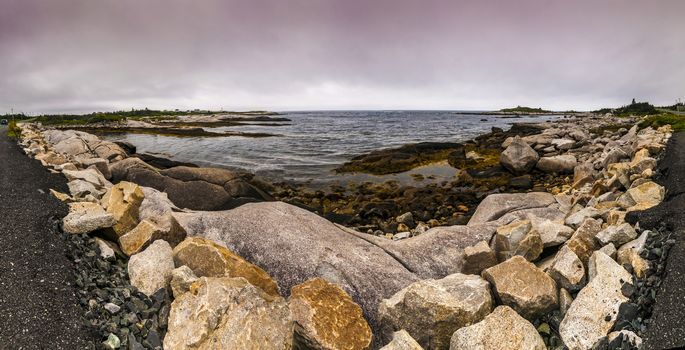 Panoramic view of a Atlantic ocean's a rocky beach in Nova Scotia Canada