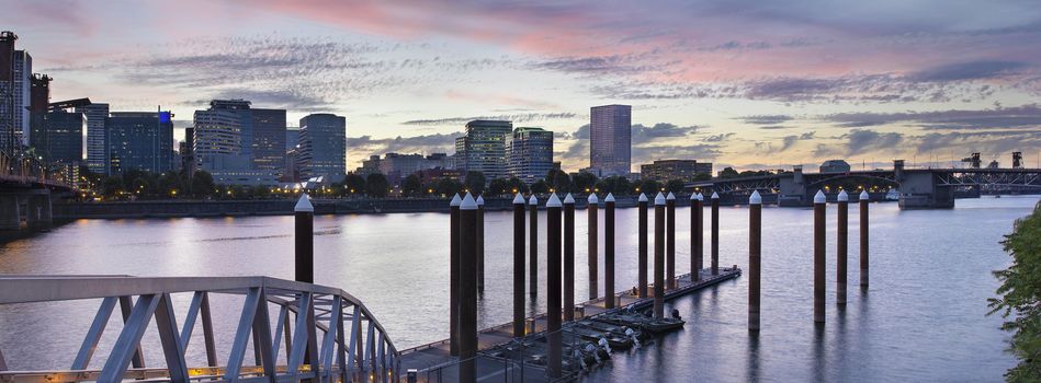 Portland Oregon Waterfront Skyline by the Boat Dock Along Willamette River at Sunset Panorama