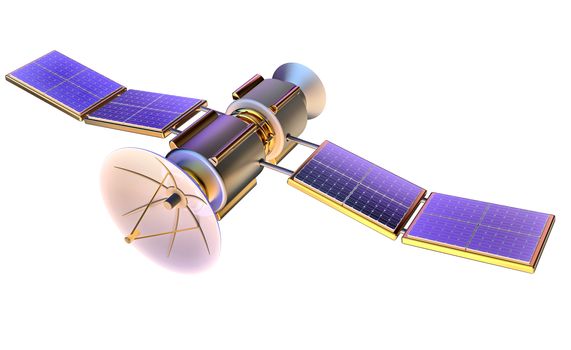 3D model of an artificial satellite of the Earth, equipped solar panels and parabolic satellite communications antenna