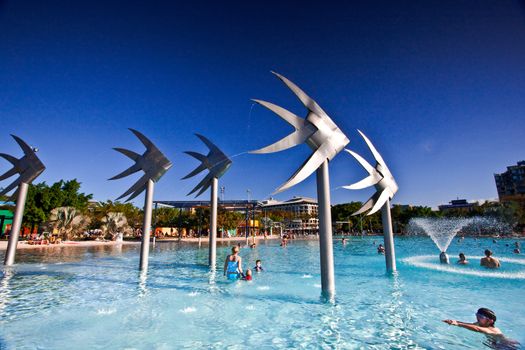 Esplanade fish sculptures made of steel at the swimming lagoon in Cairns, Queensland, Australia