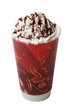 Generic Hot Coffee or Cappucino w/ whipped cream and chocolate syrup. Isolated on white.