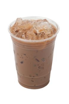 Generic creamy iced coffee in plastic cup. Isolated on white.