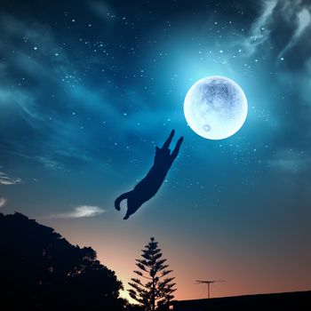 Image of cat in jump catching moon