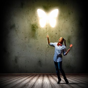 Funny teenager girl with candy and butterfly illustration