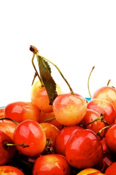 Frame of Yellow and Red Sweet Cherries with Stems isolated on white background