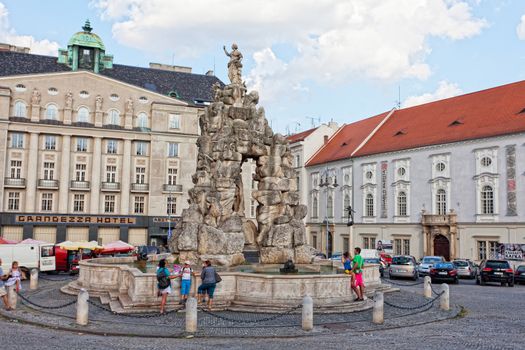 Tourists on the area the Cabbage market at the fountain Parnassus, Brno, the Czech Republic, July, 30, 2013. Second-large city of the Czech Republic and the largest city of Moravia