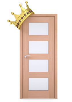 Gold crown on a wooden door. Isolated render on a white background