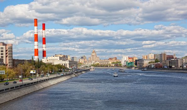 View of the river and hotel Ukraine, Moscow, Russia, April 30, 2012. Ukraine hotel � one of seven buildings known as "Stalin skyscrapers".