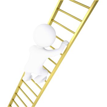 3d white man rises through golden stairs. Isolated render on a white background