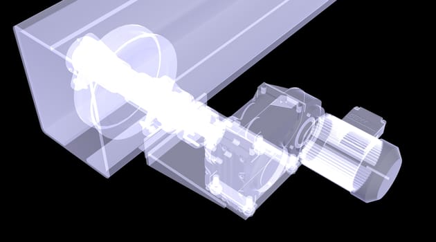 Overhead crane. X-Ray render isolated render on black background