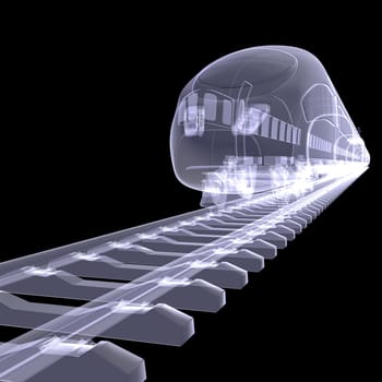 The new high-speed train. X-ray render isolated on a black background