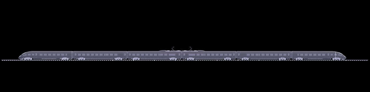 The new high-speed train. X-ray render isolated on a black background