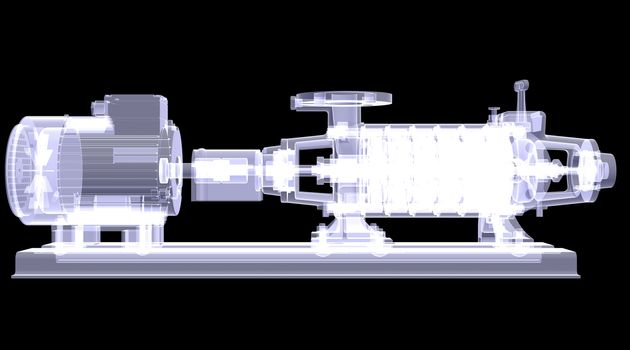 Water pump. X-ray render on the black background