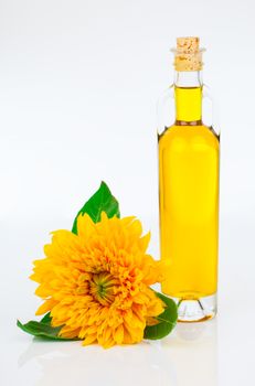 oil in glass bottle and sunflowers, isolated on white