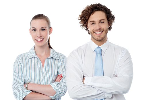 Confident business colleagues over white background