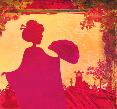 abstract Asian Landscape and beautiful geisha