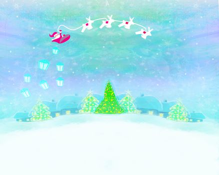 The santa claus flying with the sack full of presents
