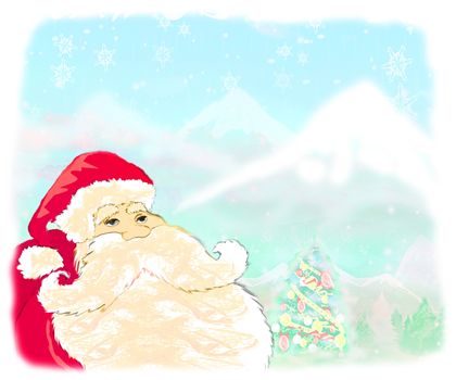 Christmas scene with Santa and winter landscape