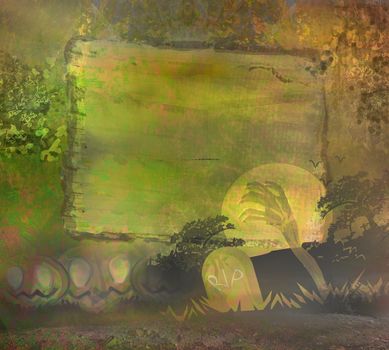 zombie coming out of his grave, Halloween design - wooden frame with space for your text