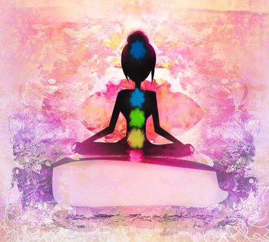 Yoga lotus pose. Padmasana with colored chakra points.
