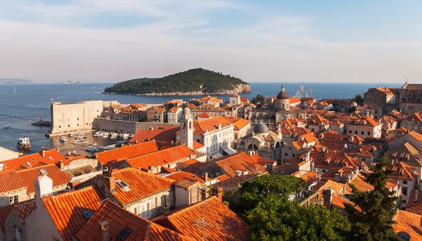 Aerial view on the olnd town pier from the City Walls, Dubrovnik, Croatia.