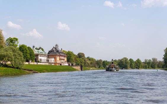 Elbe river and Riverside Palace of The Pillnitz Castle.