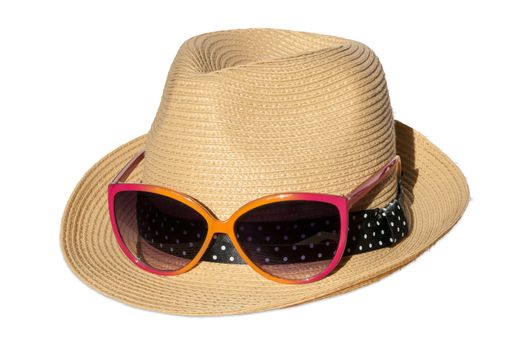 Hat with pink suglasses isolated over white background.