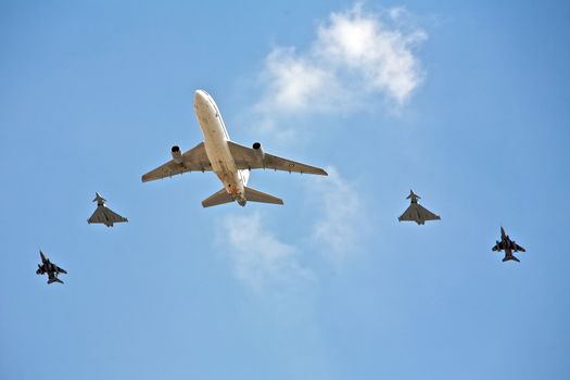 Planes in Precision Flight Formation Against a Blue sky