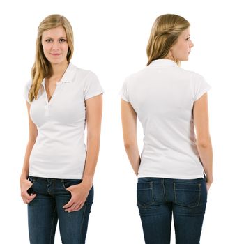 Photo of a young female in her late teens posing with a blank white polo shirt.  Front and back views ready for your artwork or designs.
