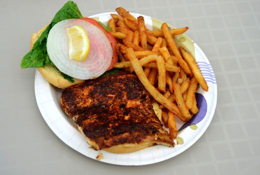 blackened mahi mahi fish sandiwch and a french fries on a plate