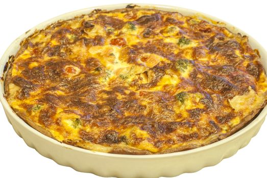 Homemade quiche pie with salmon, cheese, broccoli isolated on white
