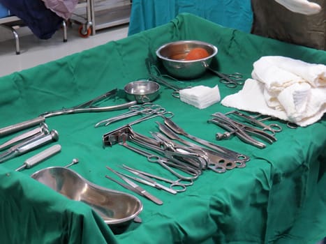 Different tools for various purposes on the table of an operation theater in a hospital                               