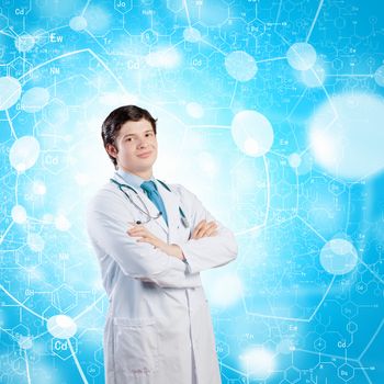 Image of happy confident doctor in uniform against blue background