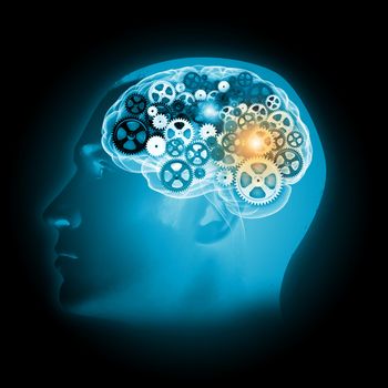 Illustration of human brain with cogwheel mechanisms