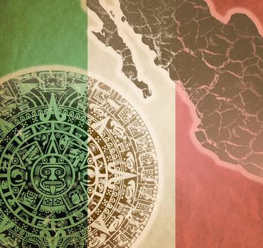 Background in American Indian Style with Mayan calendar, Mexican flag and map on old paper