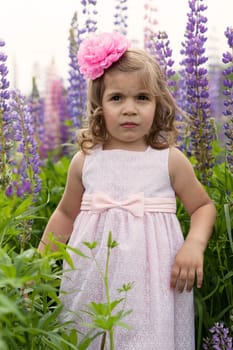 girl to stand among blossoming lupines