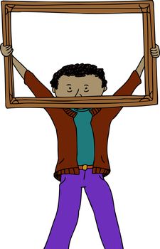 Young man holding up empty picture frame