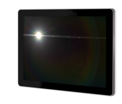 Lens flare effect in  space  on screen of tablet  made in 3d software