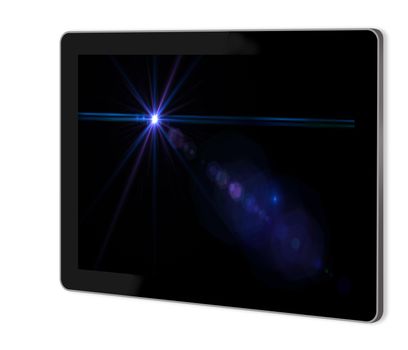 Lens flare effect in space on screen of tablet made in 3d software