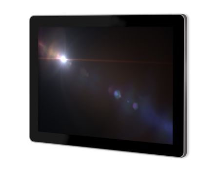 Lens flare effect in  space  on screen of tablet  made in 3d software