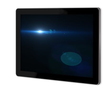 Lens flare effect in  space  on screen of tablet  made in 3d software