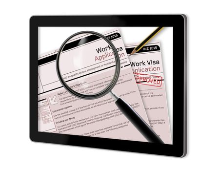 Close-up of work visa application document for temporary stay approved  show  on tablet  made in 2d software isolated on white
