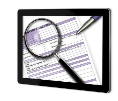 Close-up of Emergency plan with pen on it  show  on tablet  made in 2d software isolated on white