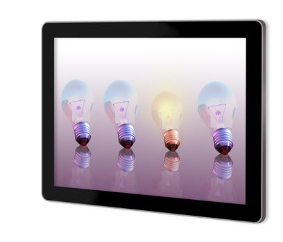 One glowing bulb which illustrates "standing out from the others"  show  on tablet  made in 2d software isolated on white
